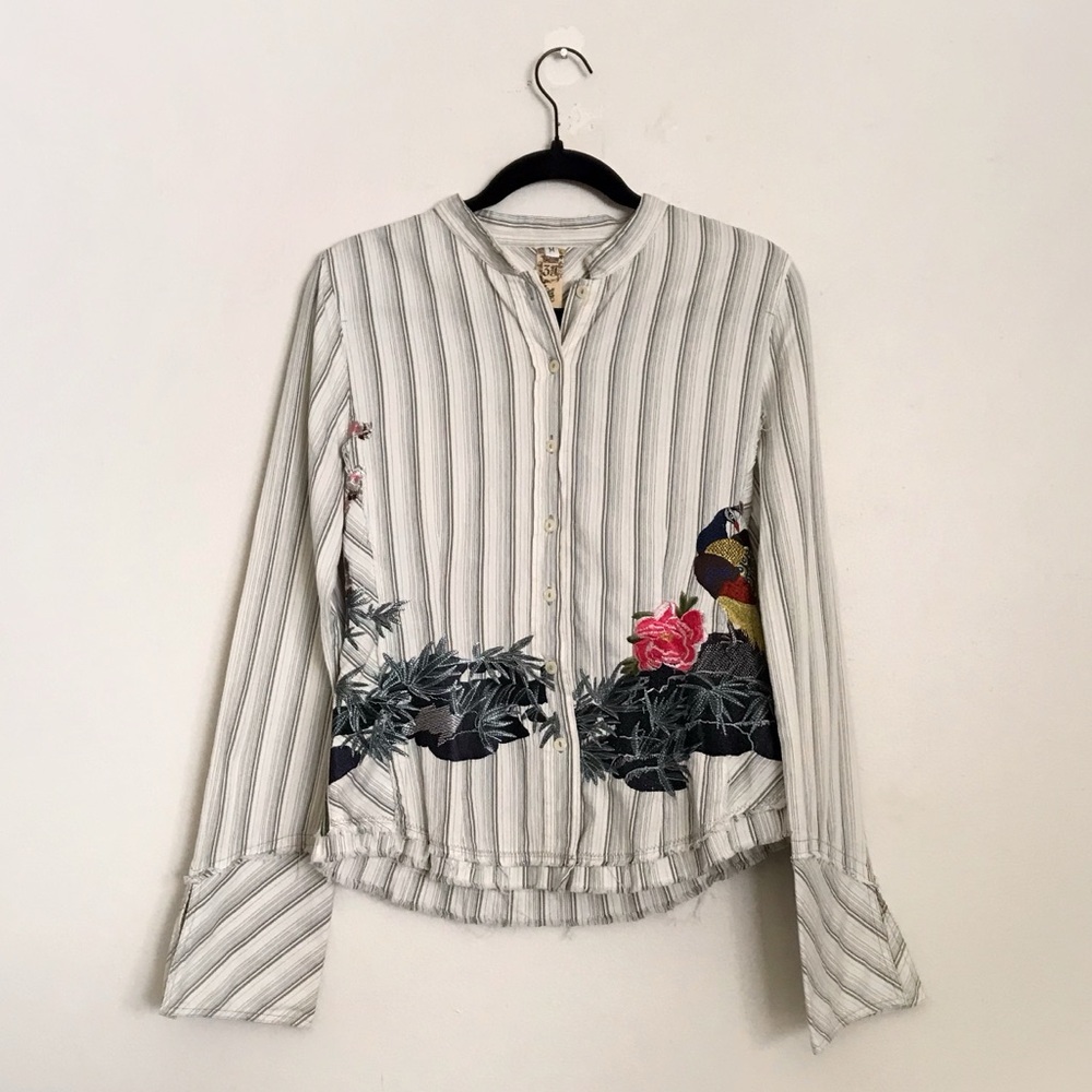 3J WORKSHOP by Johnny Was | Royal Peacock Distressed Striped Button Up Shirt